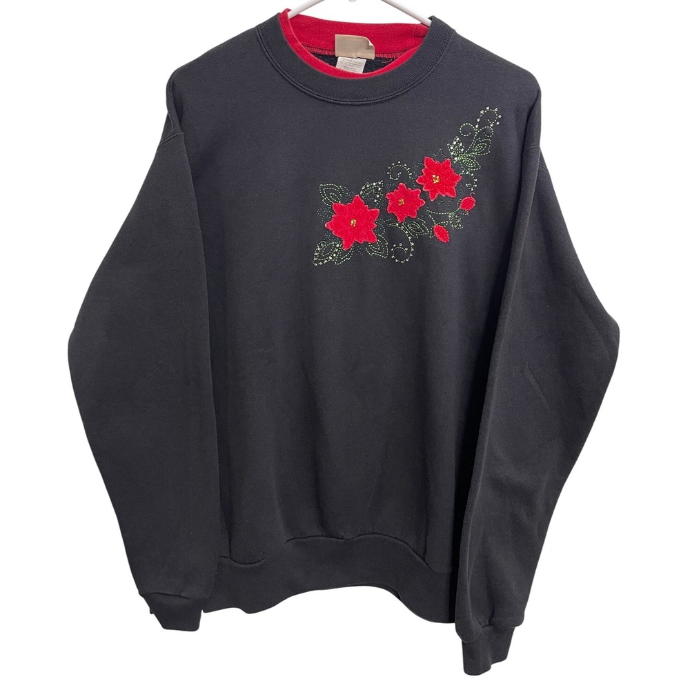 Vintage Morning‎ Sun Top Stitch Poinsettia Grandma Christmas Holiday Sweater L